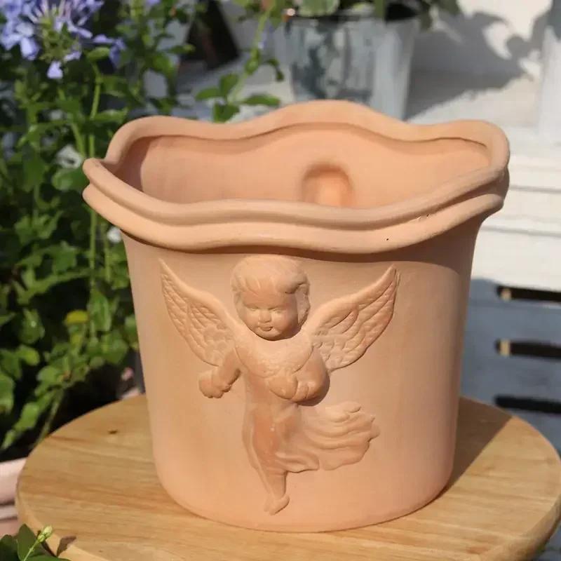 Pottery Clay Breathable with Drainage Holes Flower Pot Relief Home Furnishings Garden Plant Garden Supplies Personality Vases