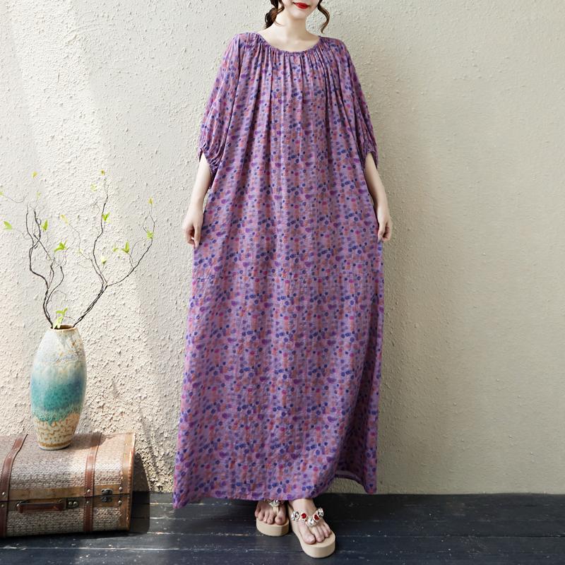 DIMANAF 2025 Plus Size Dress Women Summer Casual Vintage Floral Dress Basic Printing Long Beach Elegant Loose Dress