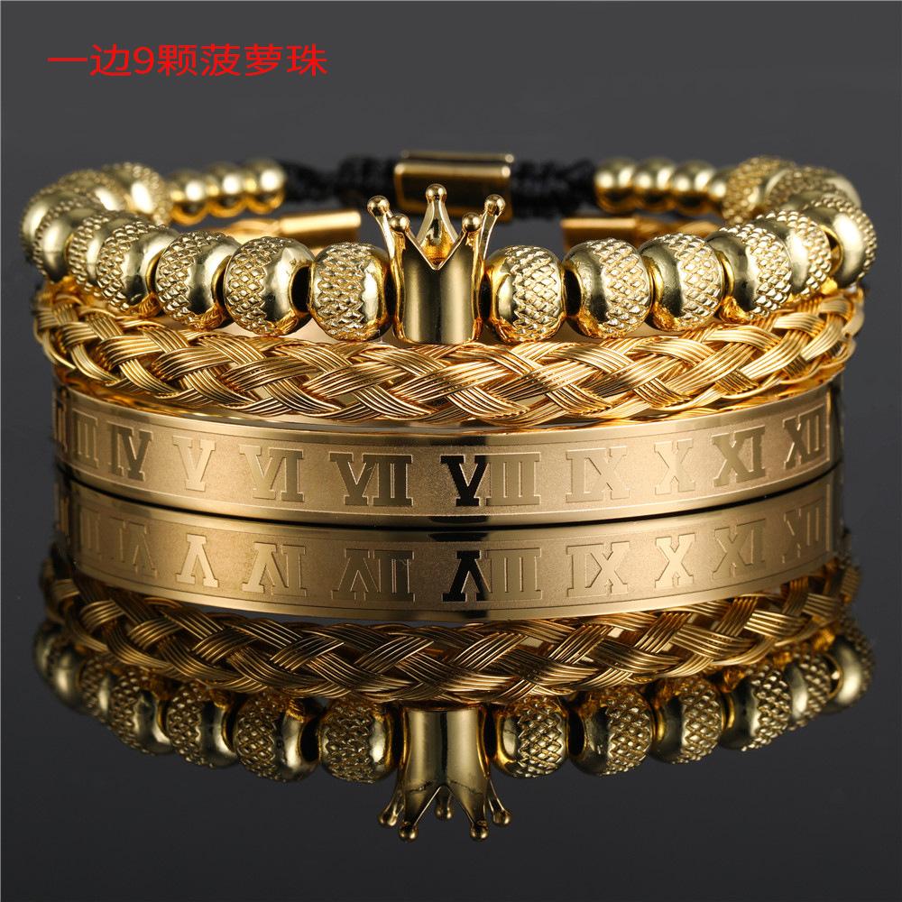 European and American retro crown woven bracelet, Roman letter stainless steel mesh open bracelet set three pieces men