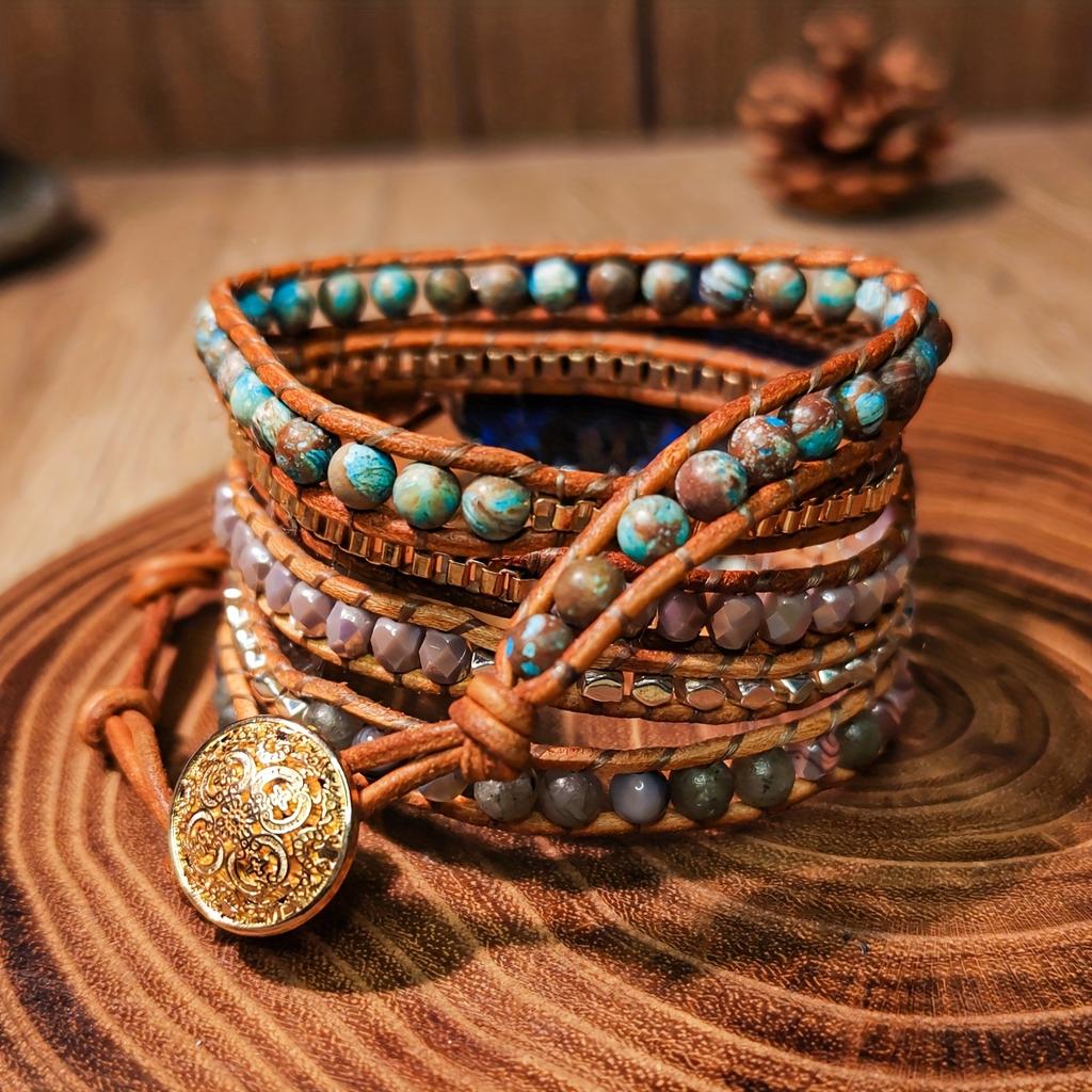 Bohemian Style Adjustable Natural Labradorite & Creative Hand-Woven Bracelet - Vintage 5-layer Wrap Stunning Design for Everyday and Holiday Wear,