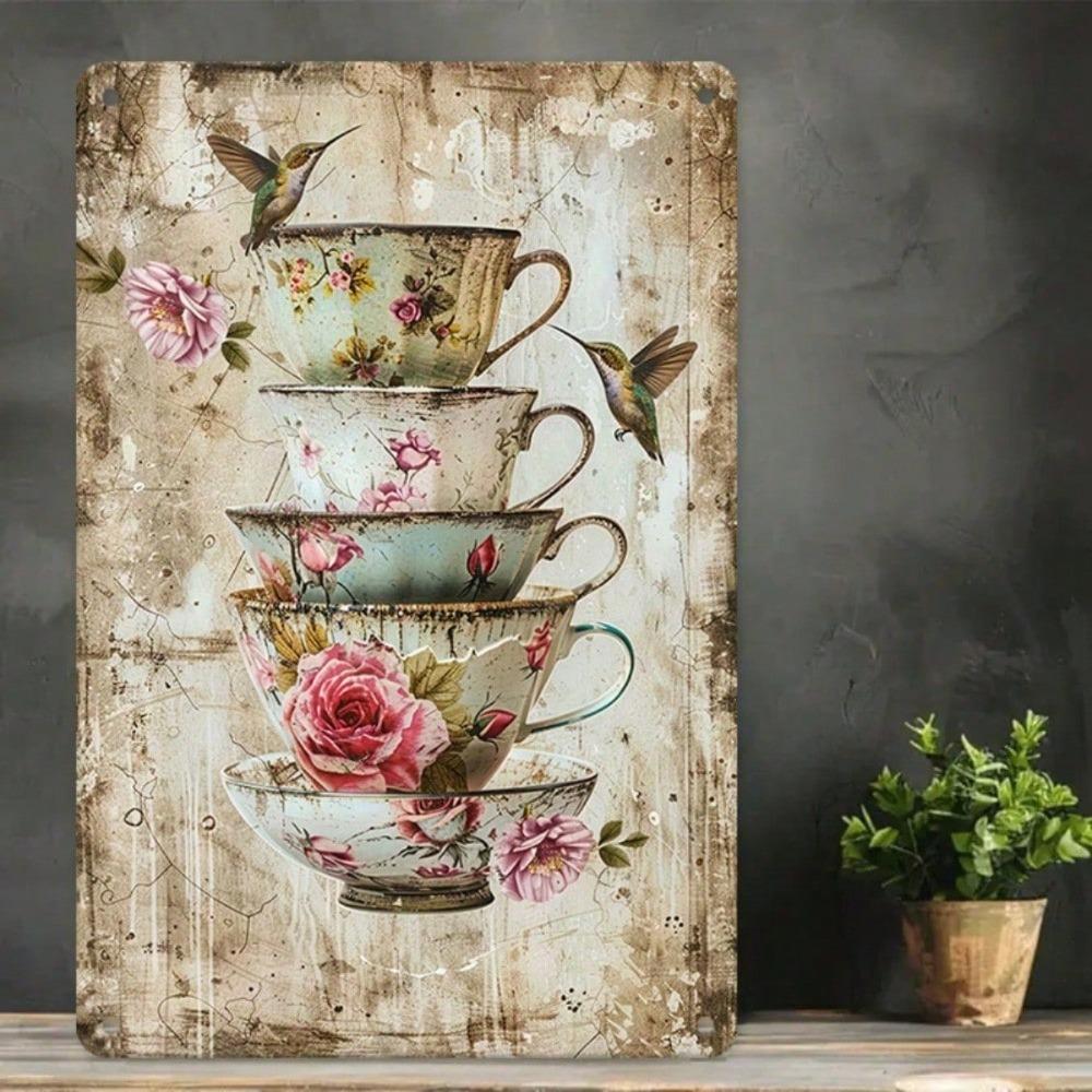 Route 66 Vintage Metal Sign Rustic Floral Teapots Butterflies Wall Art Non-Fading Durable Decor