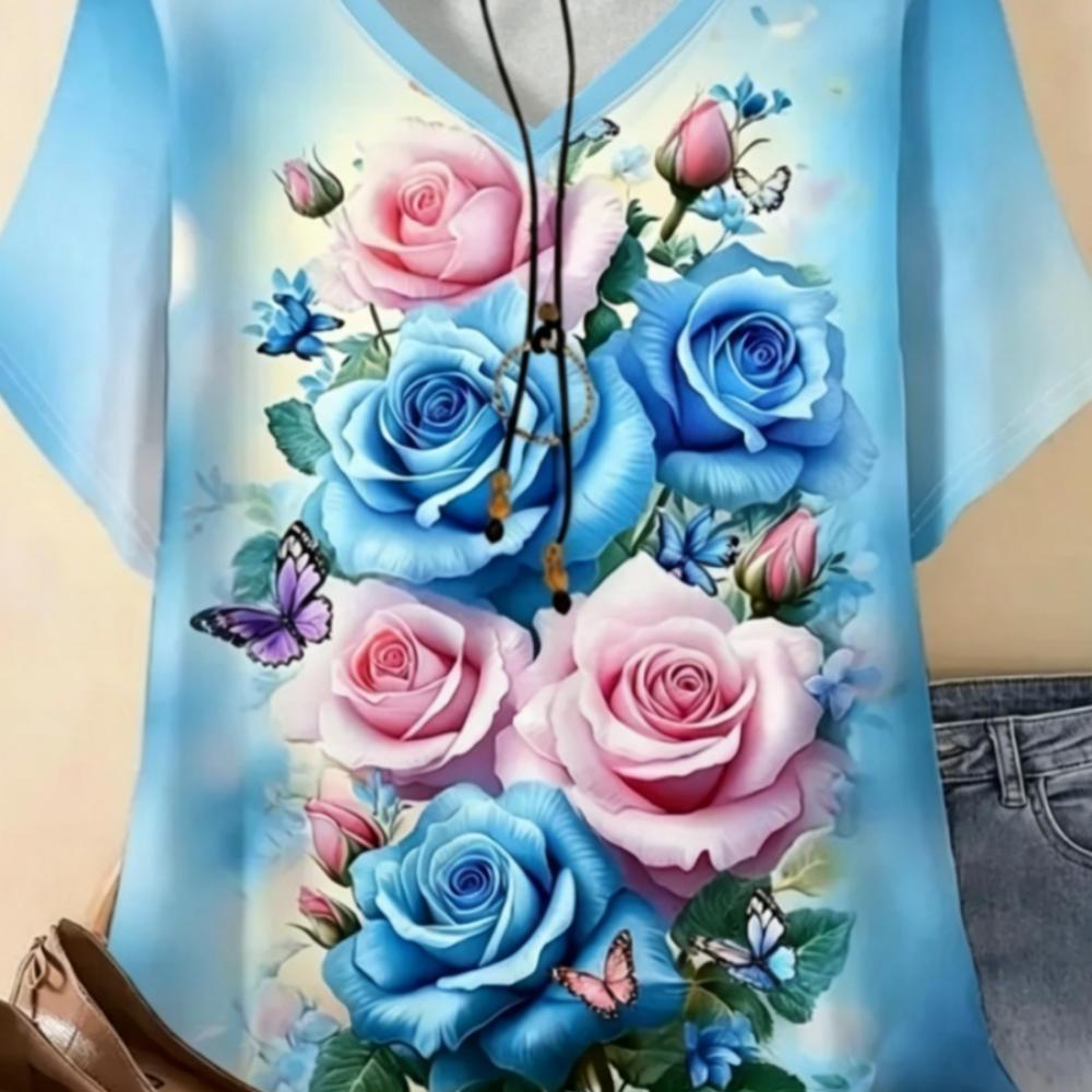 Summer Women's 3D Printed V-Neck T-Shirt Fashion Versatile Breathable Trend Casual