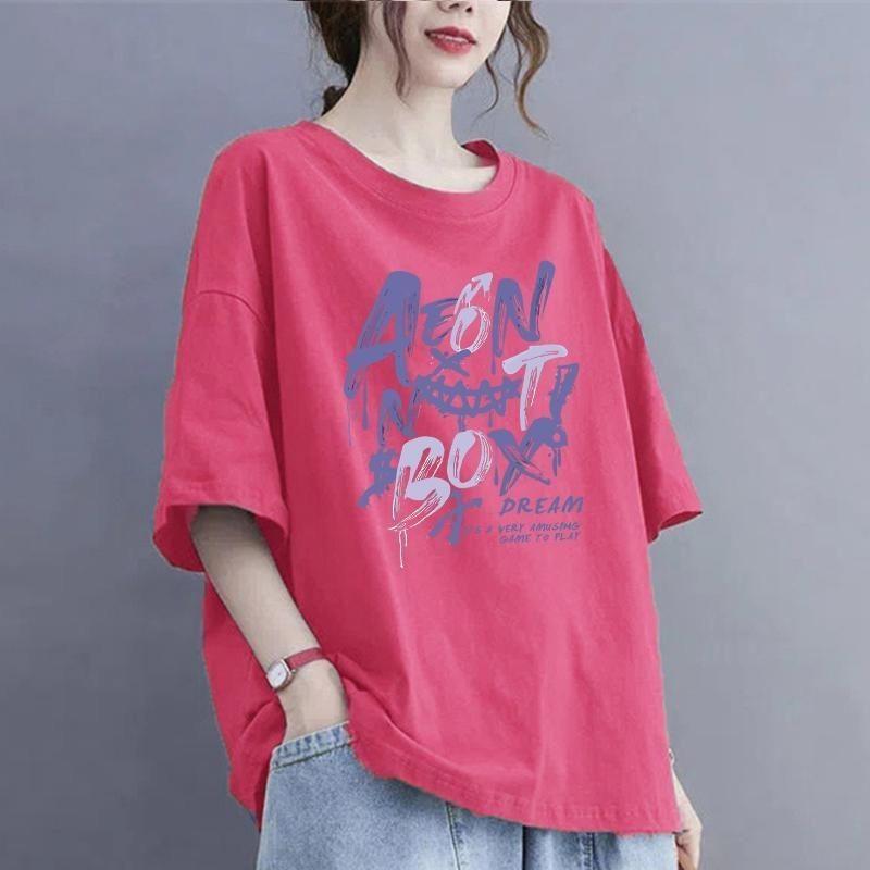 

Женская повседневная корейская футболка с круглым вырезом и принтом, свободная летняя футболка с надписью All-match, хлопковая футболка, женская одежда, пуловеры, топы XXXL розы красного