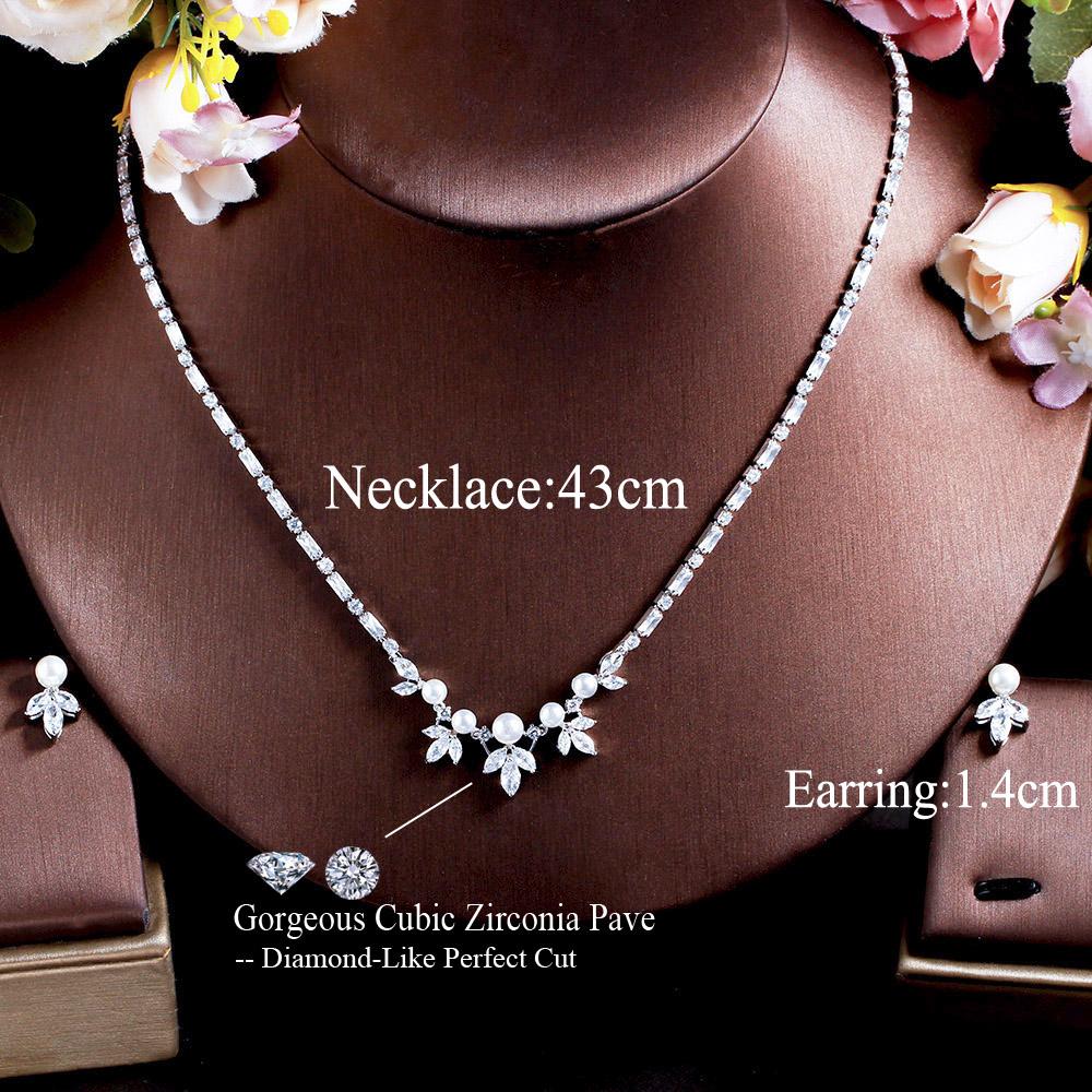 CWWZircons Gorgeous Cubic Zirconia Paved Fashion Pearl Party Wedding Necklace and Earrings Jewelry Sets for Women Accessory T637