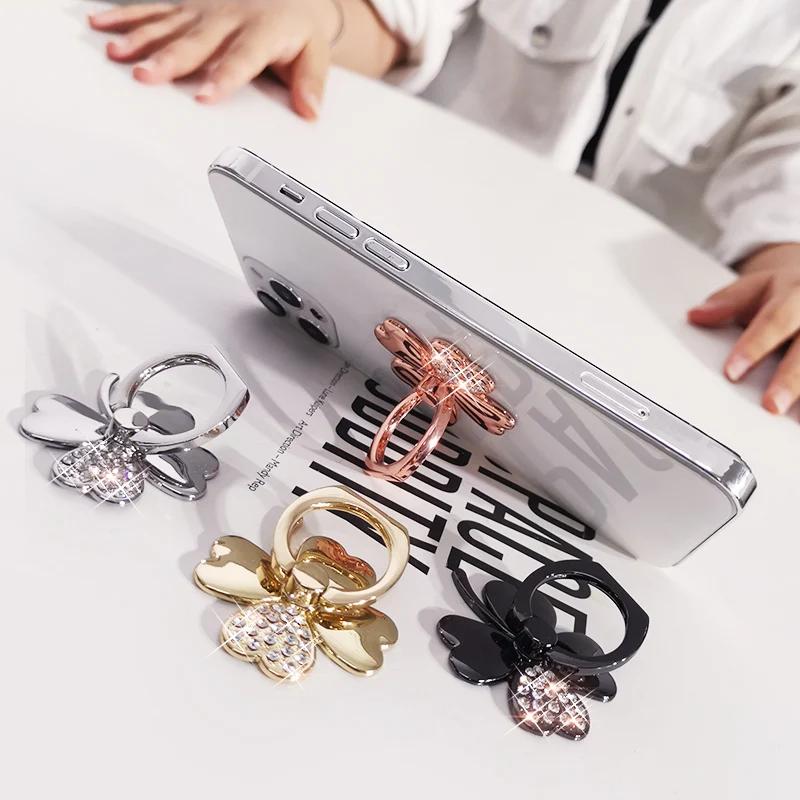 Vierblättriges Kleeblatt Telefon Fingerring Halter Für iPhone Redmi Samsung Kristall Metall Griff Drehung Handy Ständer Halterung