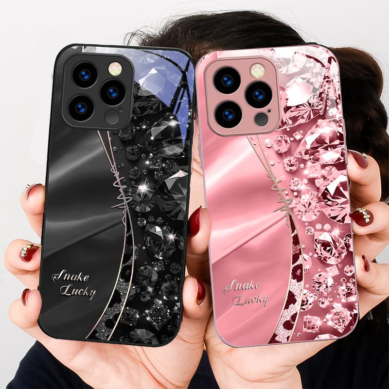Estampa de Leopardo com Diamante Para IPhone 16 Pro Max 15 P Lus 14 Pro 13 12 Mini 11 P Ro Max X XS 7 8 Plus 2022 Capa de Celular de Vidro Temperado