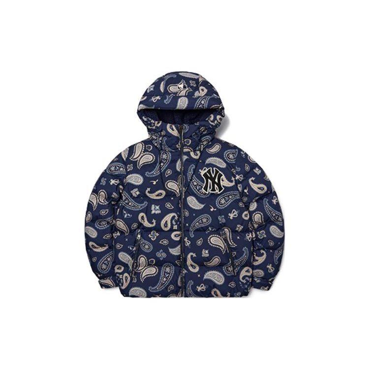 MLB FW22 Cashew Print Zipper Drawstring Hooded Down Jacket Short Unisex Jacket Deep-Navy 3ADJI0126-50NYD
