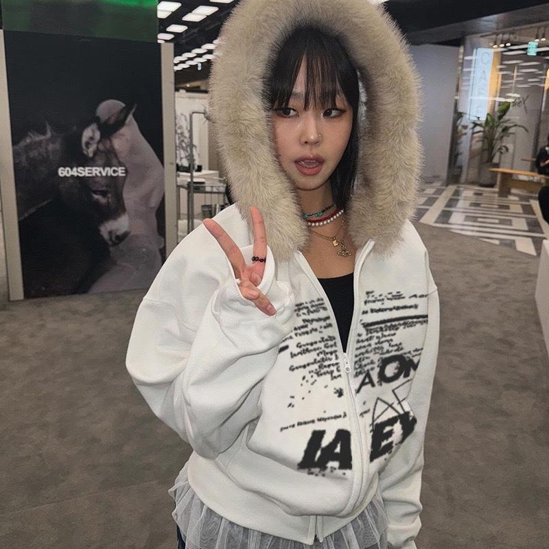 Furry Hooded Knitwear Hoodies Y2k Streetwear Full Sleeve Zip-up Women's Sweatshirts Korean Fashion Outwears Ladies