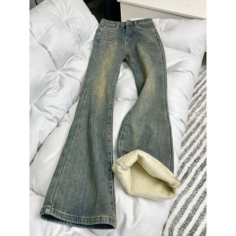 Women's Winter Retro Blue Fleece-Lined High-Waist Straight Leg Jeans - Plus Size, Hip-Covering Versatile Design