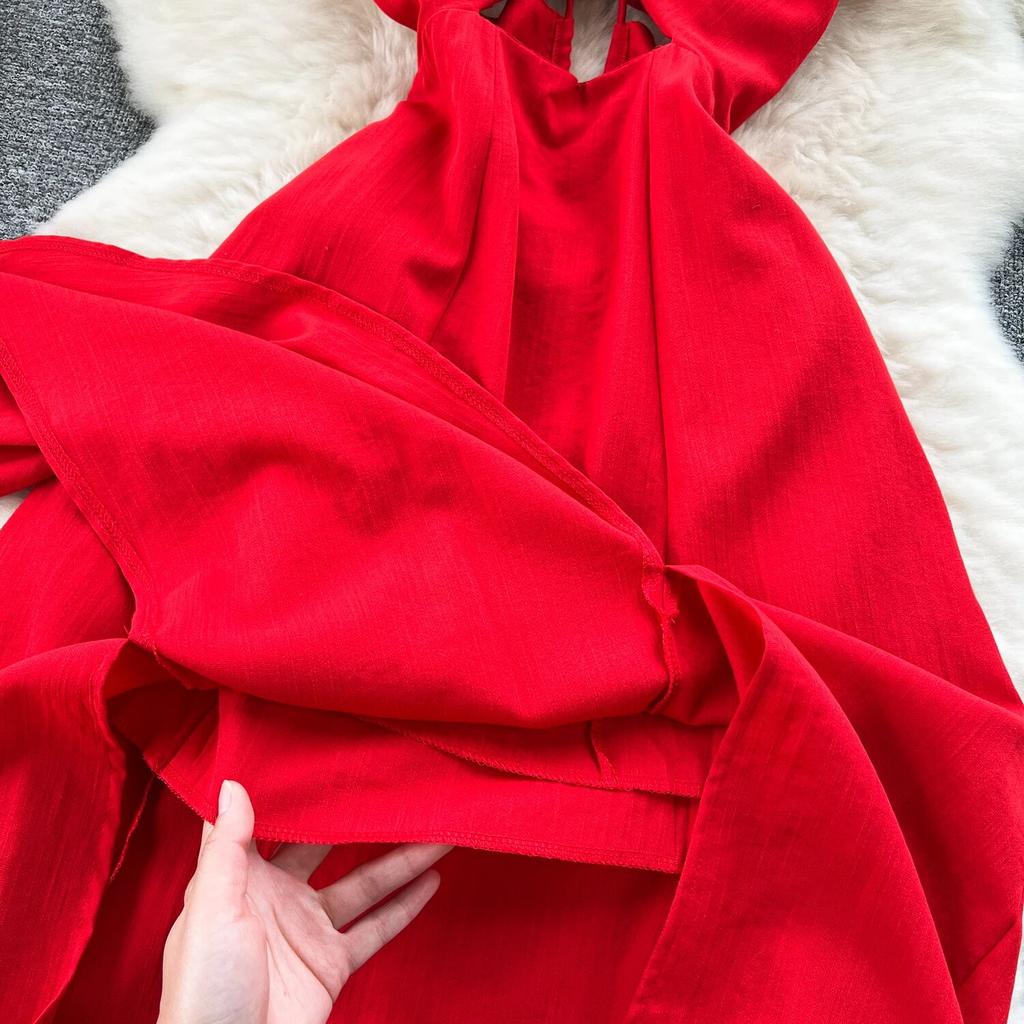 Design Hollow-out Wrap-around Hanging Neck Dress Scheming Strap Slim Fit Long Over-the-Knee Split Vacation Suspender Dress