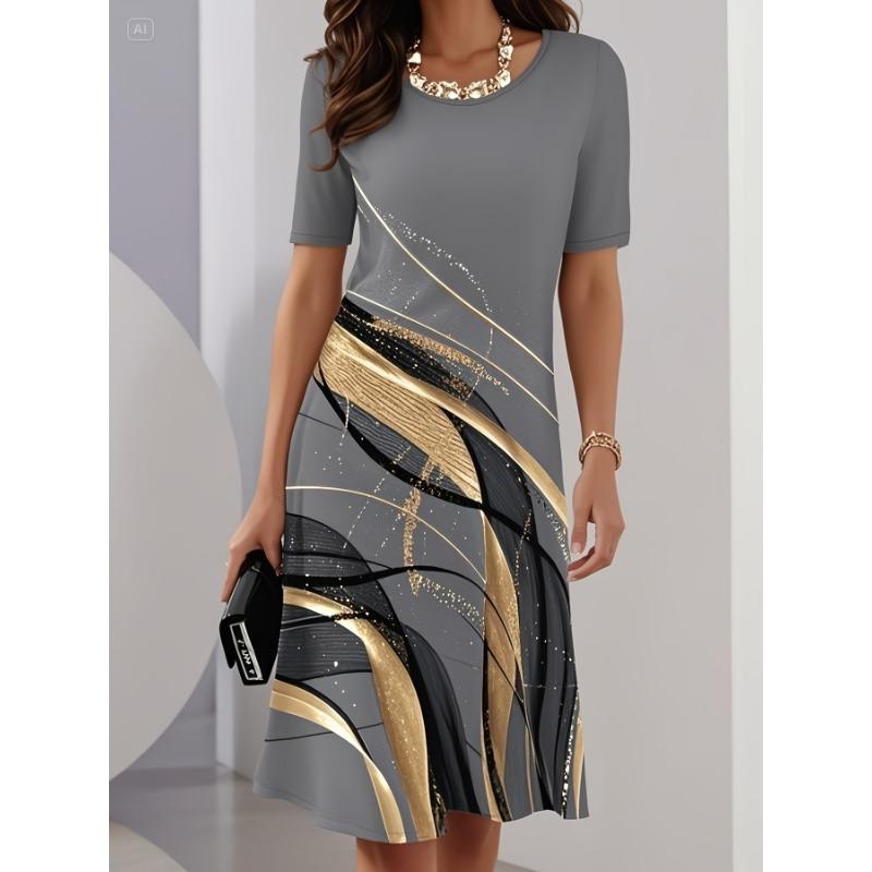 Ladies' Elegant Round Neck Abstract Black Gold Printed Dress for Casual and Formal Occasions