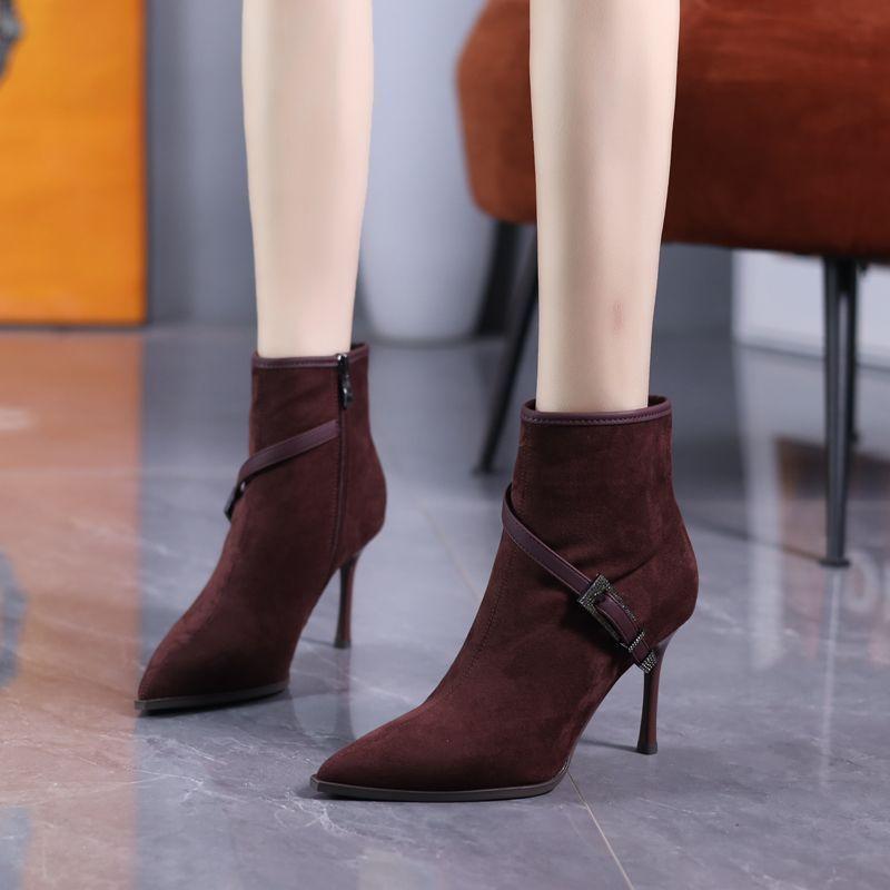 Temperament socialite style pointed suede burgundy high-heeled short boots women's 2025 autumn and winter rhinestone belt buckle thin heel thin boots