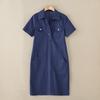 ZANZEA Vestido feminino casual com gola virada para baixo azul jeans manga curta