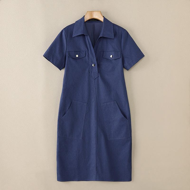 ZANZEA Vestido feminino casual com gola virada para baixo azul jeans manga curta