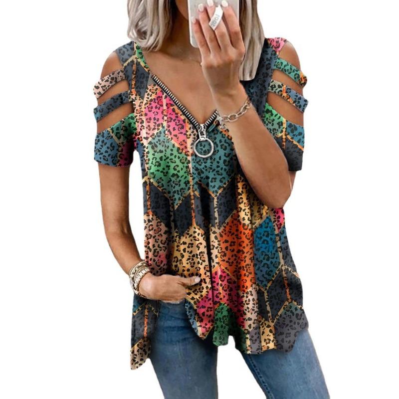 

Женская футболка свободного кроя с v-образным вырезом и застежкой-молнией с короткими рукавами и принтом 5XL