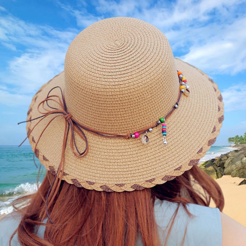 Wide Brim Beaded Decor Straw Hat Women Summer UV Protection Bucket Hats Outdoor Beach Holiday Sun Caps Boho Style Sun Hat