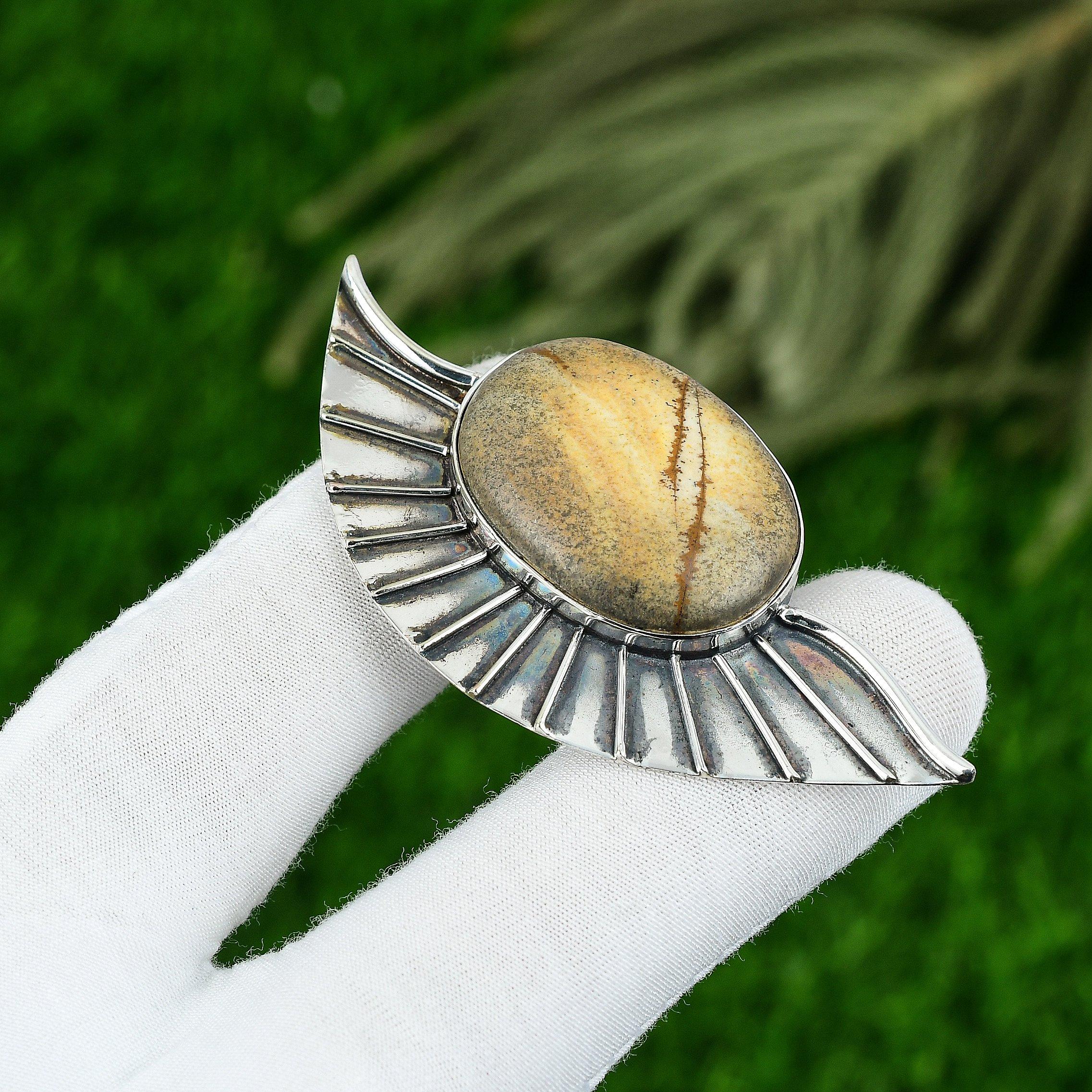 

Sterling Silver Oval Picture Jasper Stone Wife Birthday Elegant Bezel Pendant