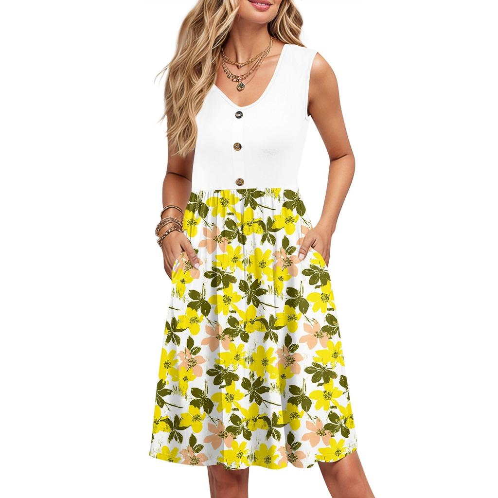 Women Summer Printing Dresses Sleeveless Casual Loose Swing Button Down Midi Sundress With Pockets