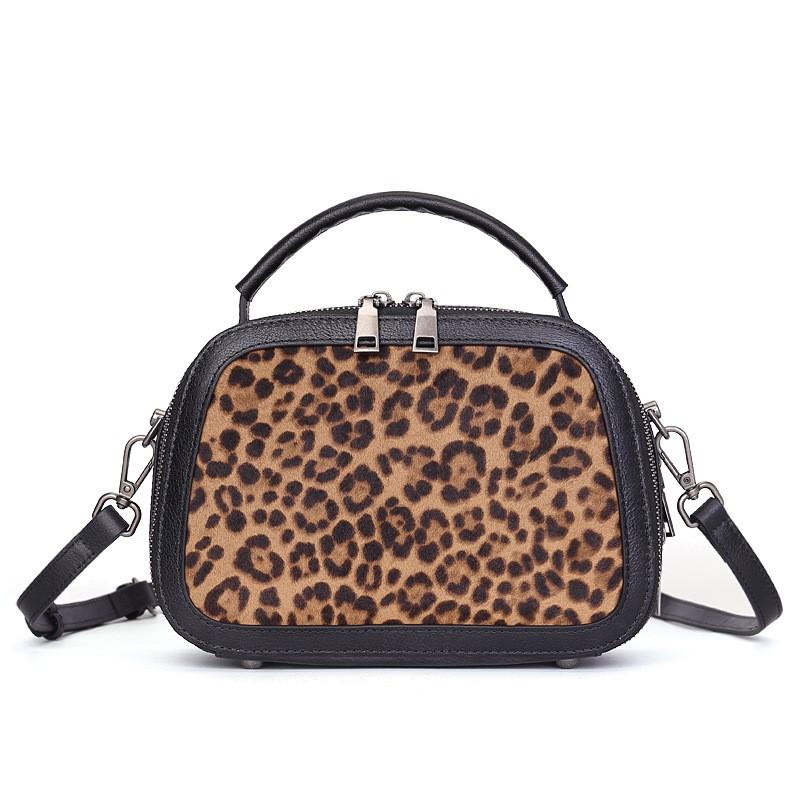 Johnature Fashion Leopard Pattern Women's Bag Genuine Leather Splice Horse Hair Handbag Versatile Shoulder Bags