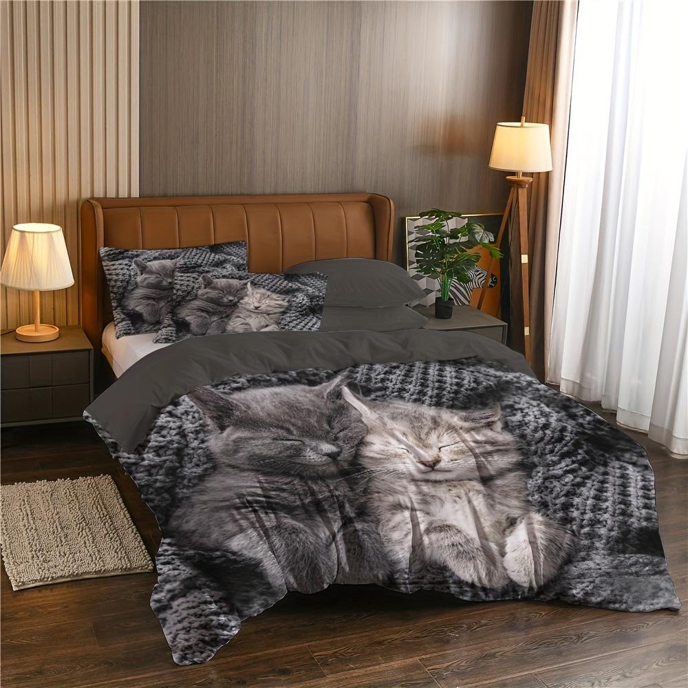 Cute Cat Duvet Cover Bedding Three-Piece Set 3D Animal Digital Printing Quilt Cover