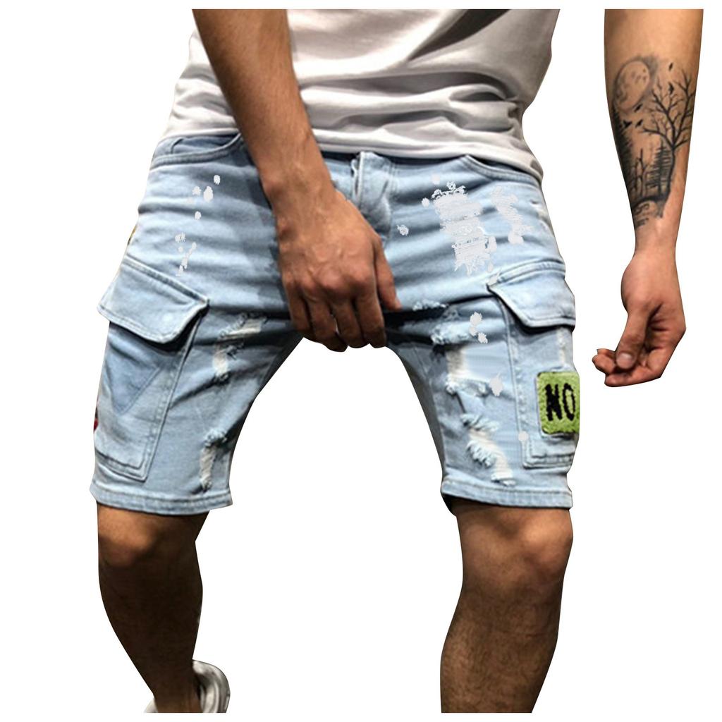 Men's Fashion Denim Shorts Personality Casual Hole Embroidery Pattern Trend Stretch Jeans