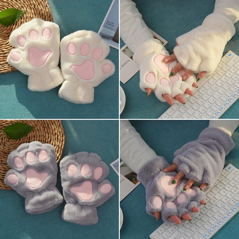 Cartoon Winter Gloves Women's Bear Plush Cat Paw Claw Gloves Cute Short Fingerless Fluffy Bear Claw Mittens For Girls Gift Party