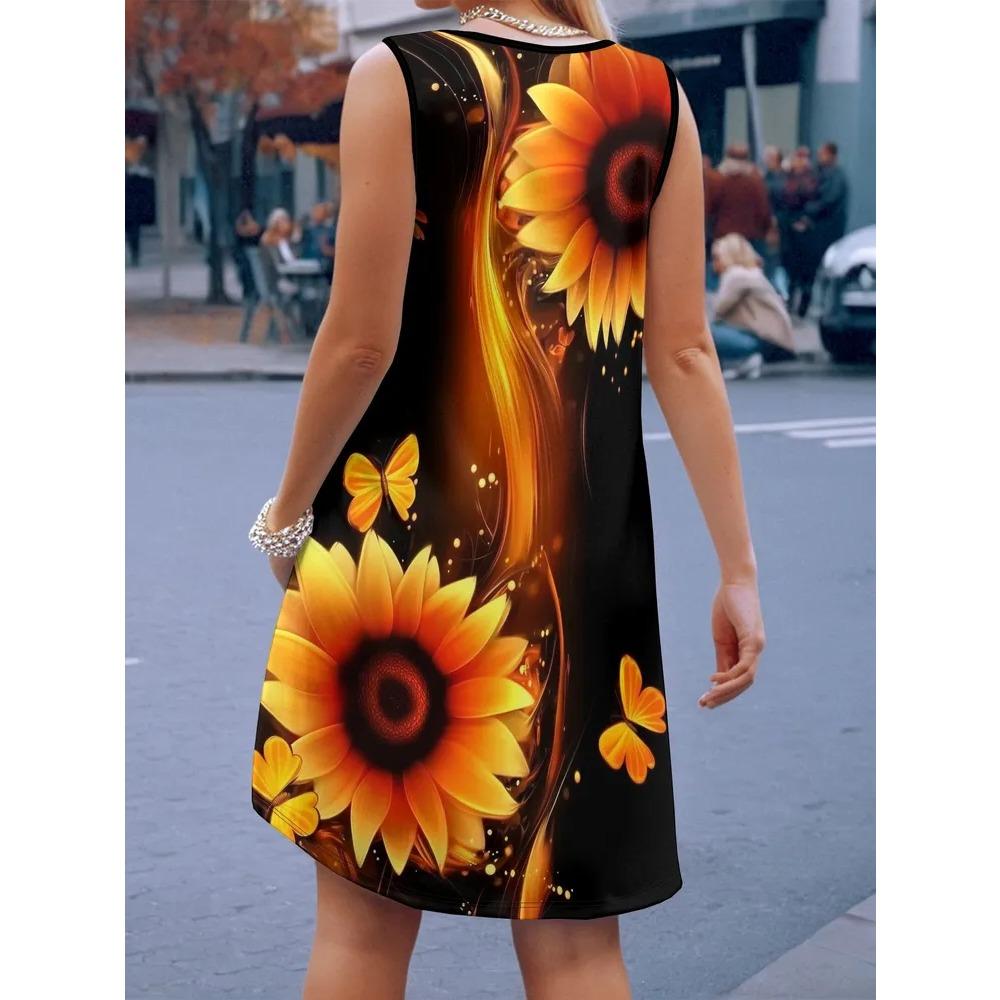 Robe d'été sans manches grande taille pour femme, motif floral 3D, col rond, longueur genou, sans poche, coupe ample, douce