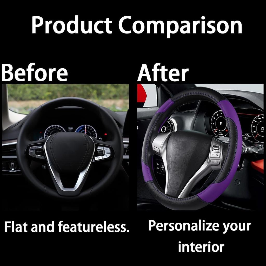 BELOMI Leather Car Steering Wheel Cover, Universal 15 Inch For Car Truck SUV, Non-Slip And Breathable, Sport Style Design Odorless Steering Wheel