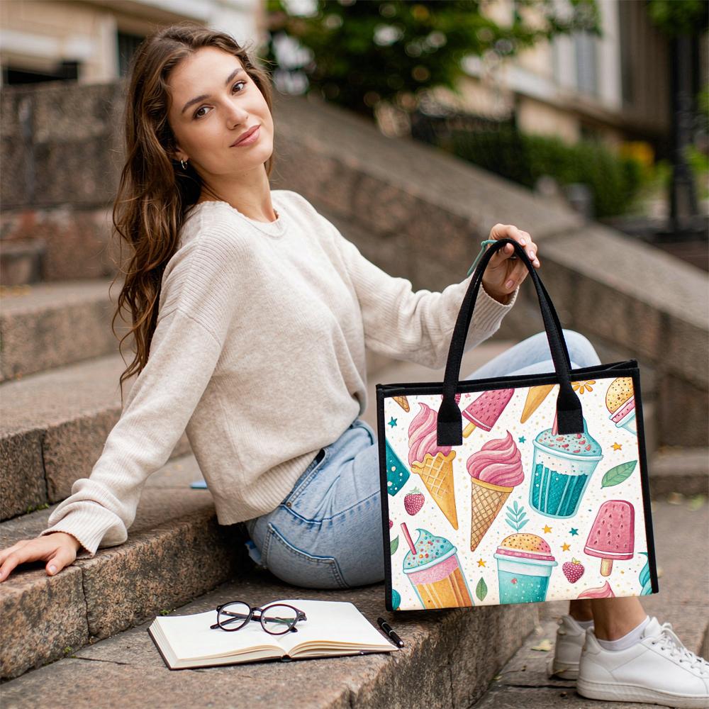 Cute Summer Ice Cream Print Tote Bag Fashion Casual Portable Shopping Handbag for Daily Use