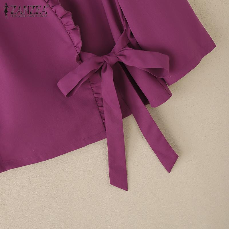 ZANZEA Blusa Casual de Verano para Mujer con Cuello en V y Manga 3/4 de Color Sólido