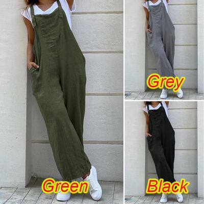 Summer Women Jumpsuit Wide Leg Pants  Adjustable Strap Pocket Loose Linen Overalls