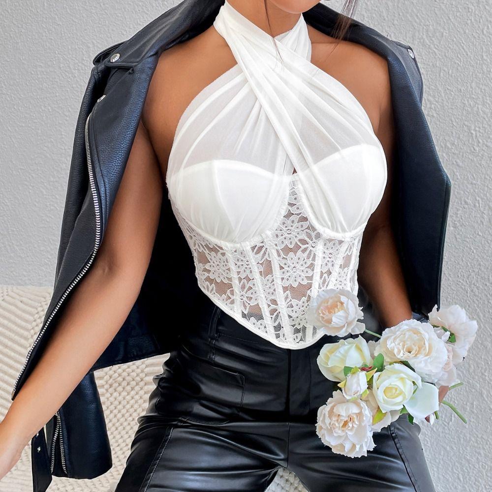 Transparent Lace Camisole Slim Fit Neck Halter Crop Tops Fashion Lace Flower Corset  Travel