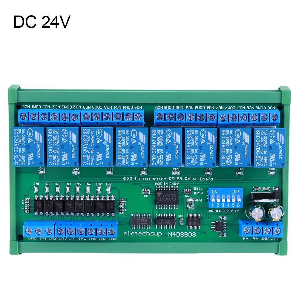 

DC 12V 24V 8CH Isolated Input 8CH Output UART RS485 Relay Module DIN35 C45 Rail Modbus RTU Control Switch Board DC 24V
