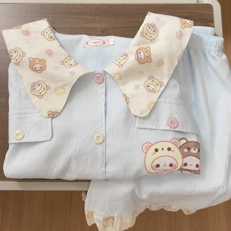 

Sweet cartoon easy bear pajamas women s summer thin short-sleeved shorts two-piece set can be worn outside homewear set S