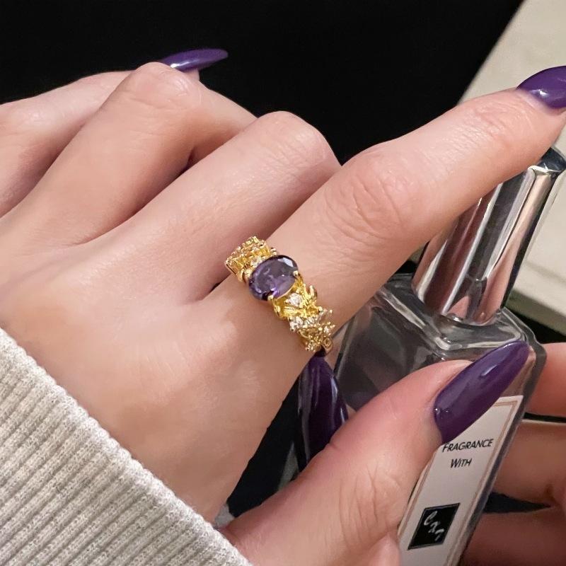 Retro Purple Diamond Colored Treasure Zircon Medieval Brushed Open Ring Gold Light Luxury High-End Niche Accessories Women