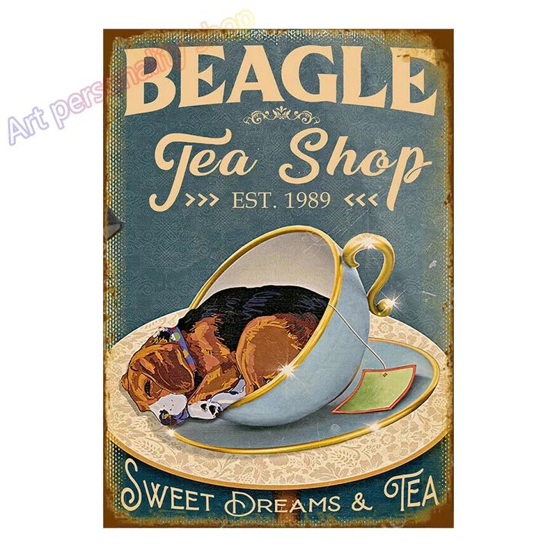 Mfoever Tin Sign Vintage Beagle Dog Coffee Tea Metal Tin Sign Set Retro Funny Pet Wall Art Decor for Home Kitchen Bar Rustic Iron Painting Plaque
