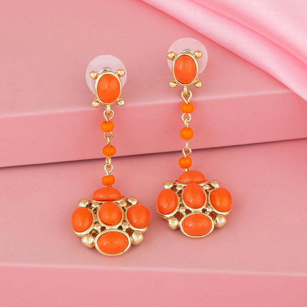 Estele Women's Gold Plated Orange Beaded Drop Earrings