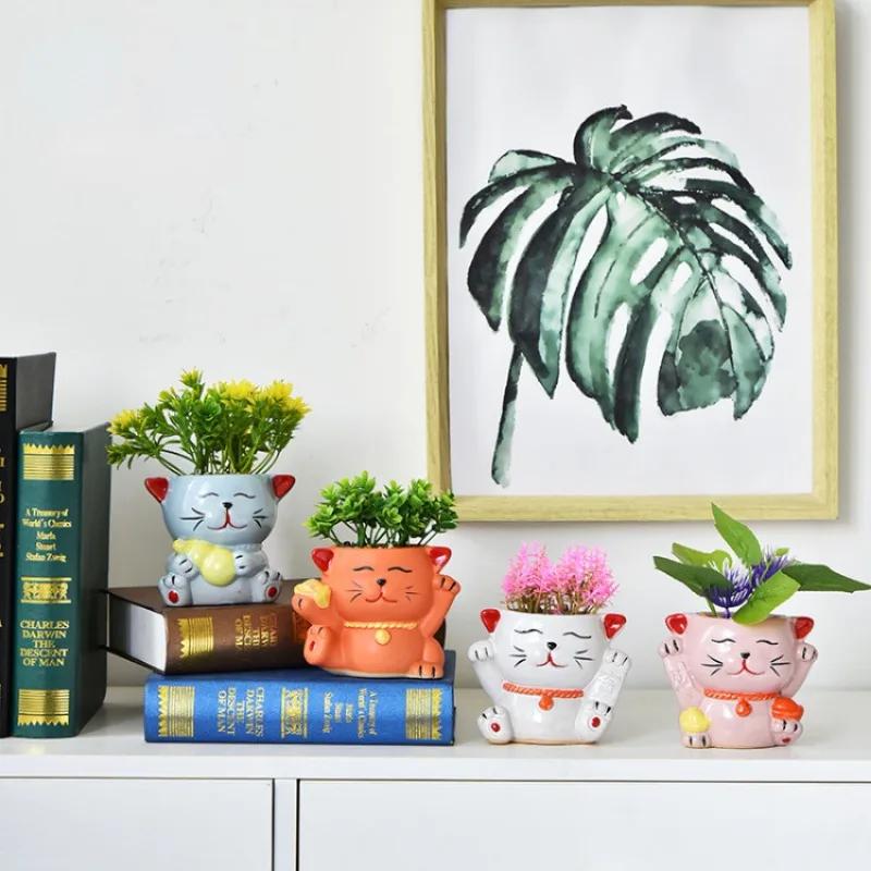 2025 Neue Kreative Cartoon Glückskatze Keramik Blumentopf Niedliche Grüne Pflanze Topfpflanze Bemalter Sukkulenten Blumentopf