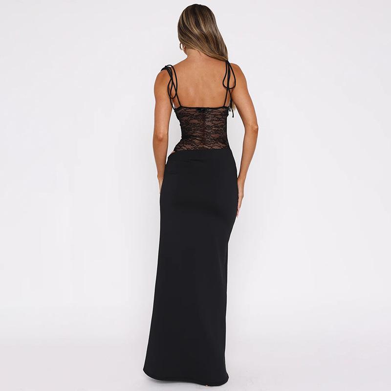 European and American Spring Women's Sexy Lace Splicing Hollow Perspective Strap Dress