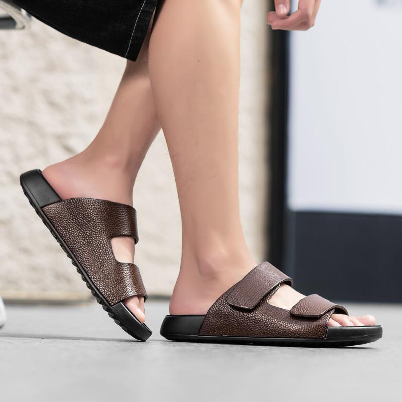 Fashion Luxury Brand Men Genuine Leather Comfortable Slippers Thick Soled Soft High-quality Slippers Mens Beach Vacation Casual Slippers