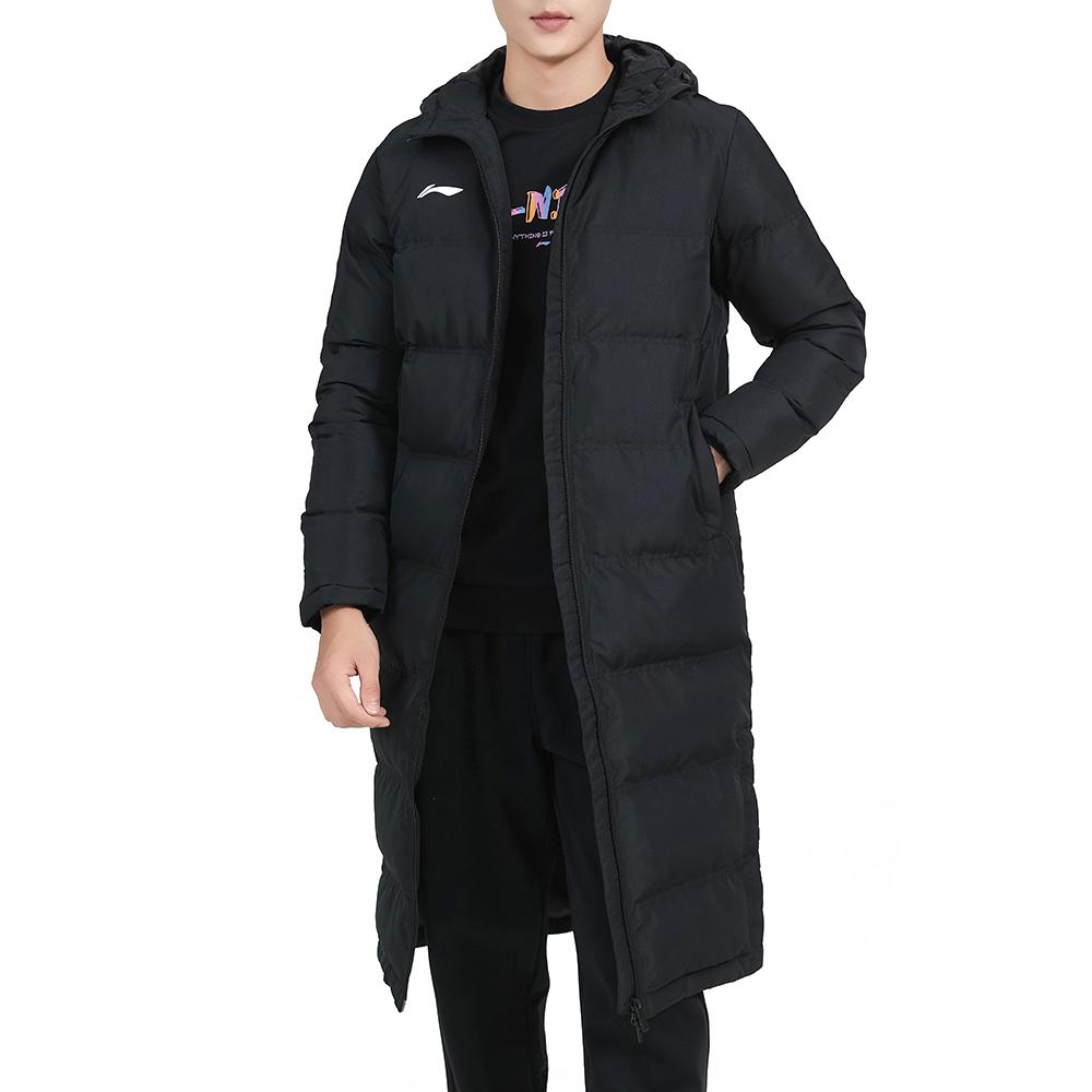 Li Ning Side Split Warm Solid Color Long Hooded Cotton Coat Men Coats Black AFMT025-1