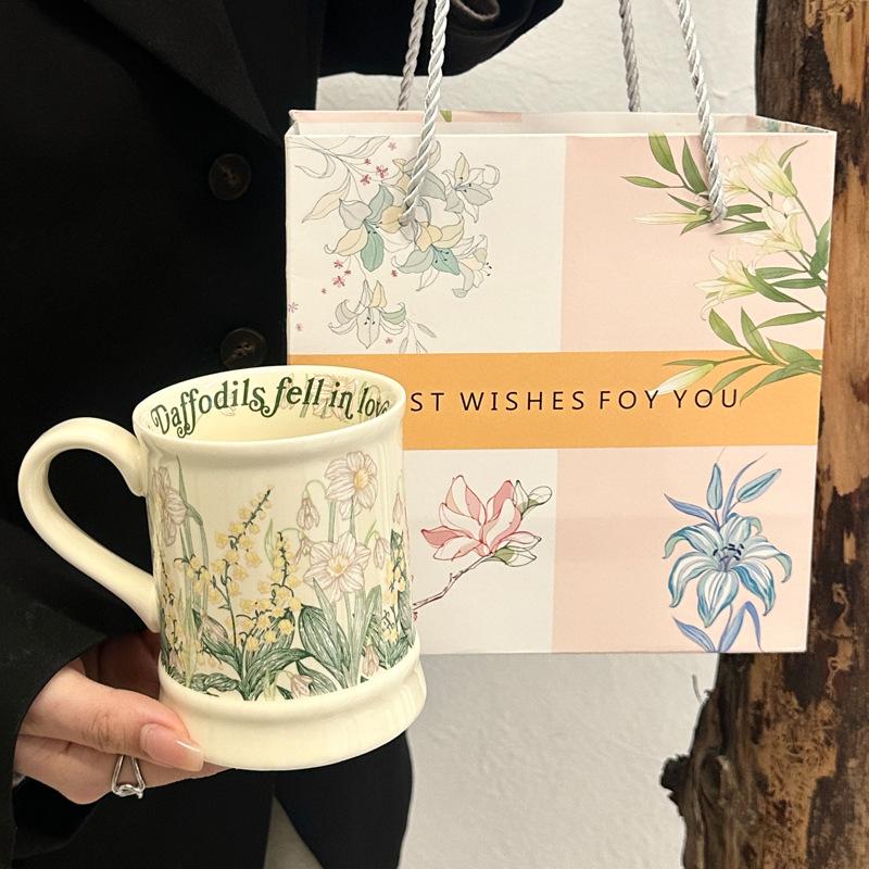 Green Lily of the Valley Mug Ceramic Coffee Cup Saucer Set Gift Box Girls Birthday Gift Mid-Autumn Festival Souvenir