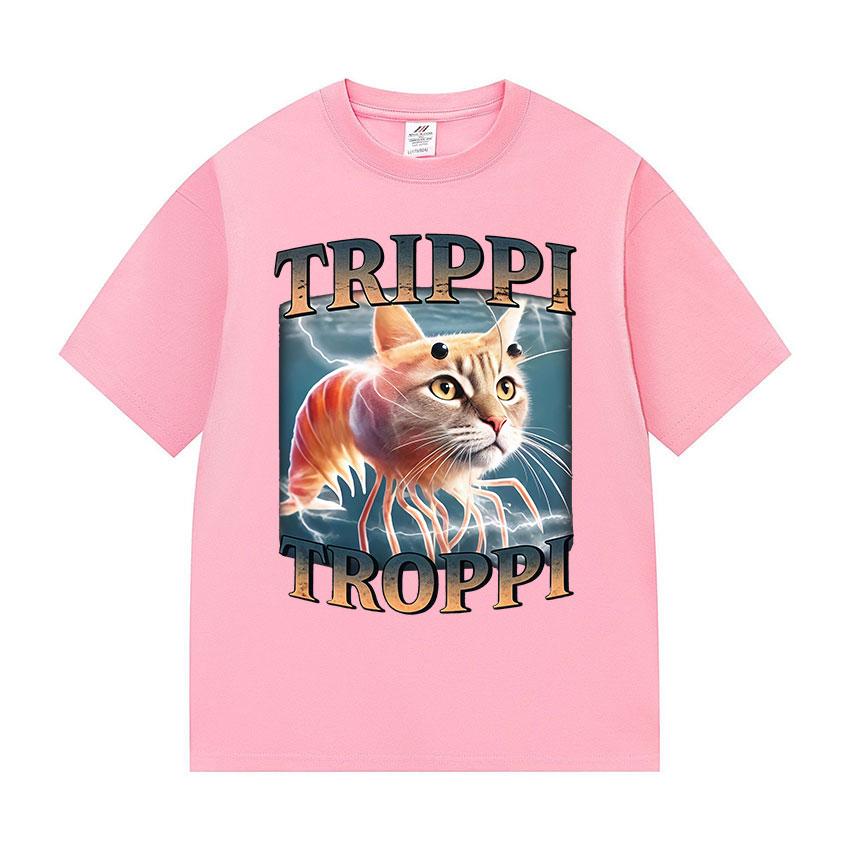 Italienischer Brainrot Trippi Troppi Katze Lustiges Meme Grafik T-Shirts Herren Damen Lässig Kurzarm T-Shirts Mode O-Ausschnitt Baumwoll-Tees