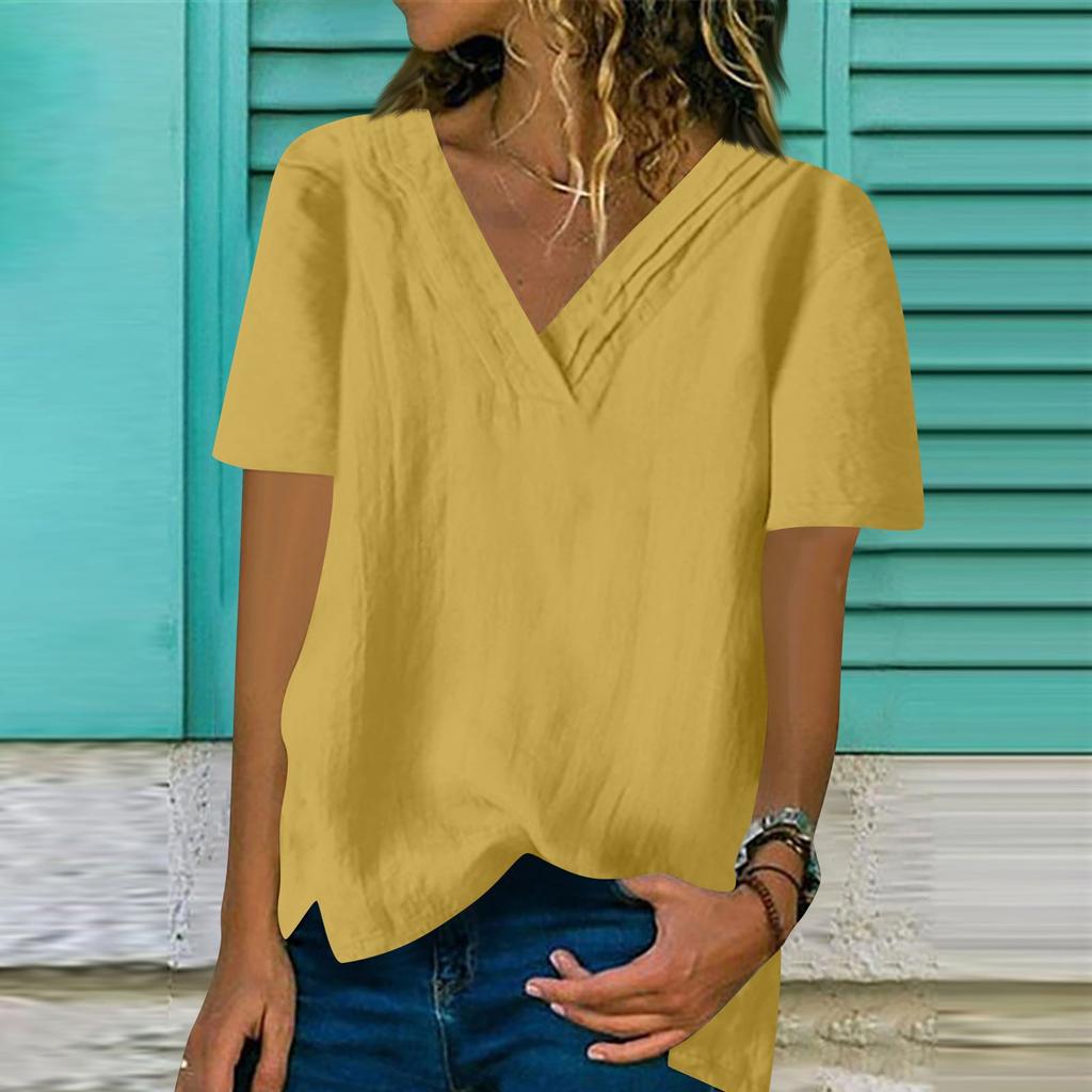 Lockeres Kurzarm-Oberteil aus Baumwolle und Leinen für Damen