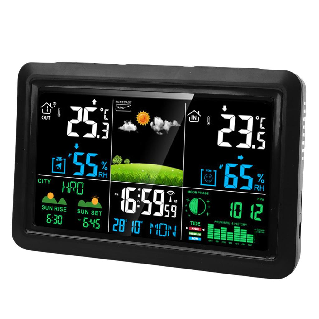 Weather Forecast Station Wireless 7.5 Inch Color Display Multi Functional Indoor Outdoor Thermometer Atomic Clock EU