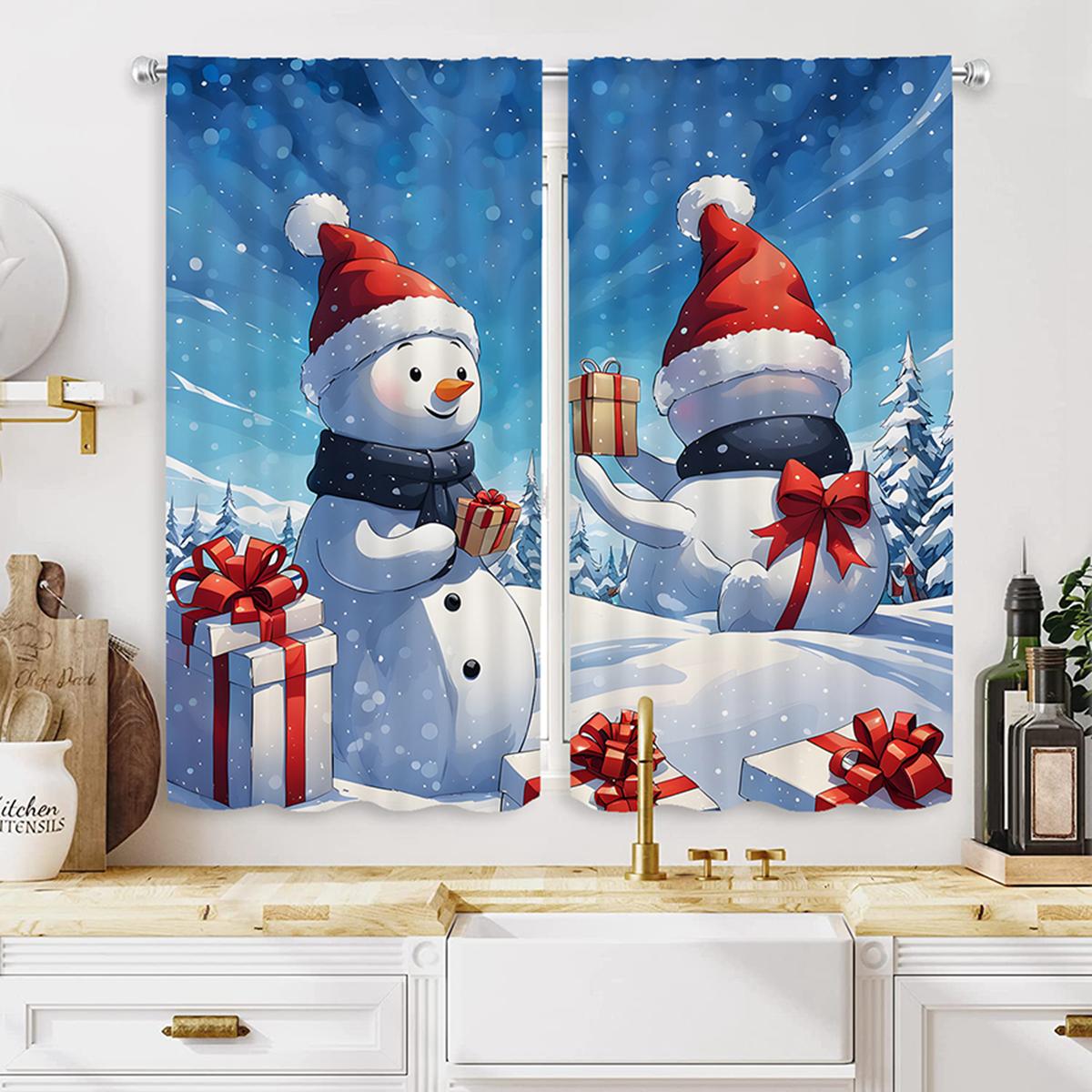 

2pcs set HD Christmas gift snowman decoration curtain Blue tie digital printed curtain Home decoration style Decoration livin W52H63inchW132H160cm