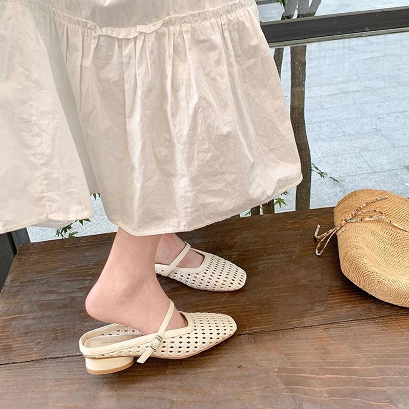 [Shei Su Yinyin] Paris vacation~ square head woven thick heel bag head Mary Jane slippers women's half drag sandals