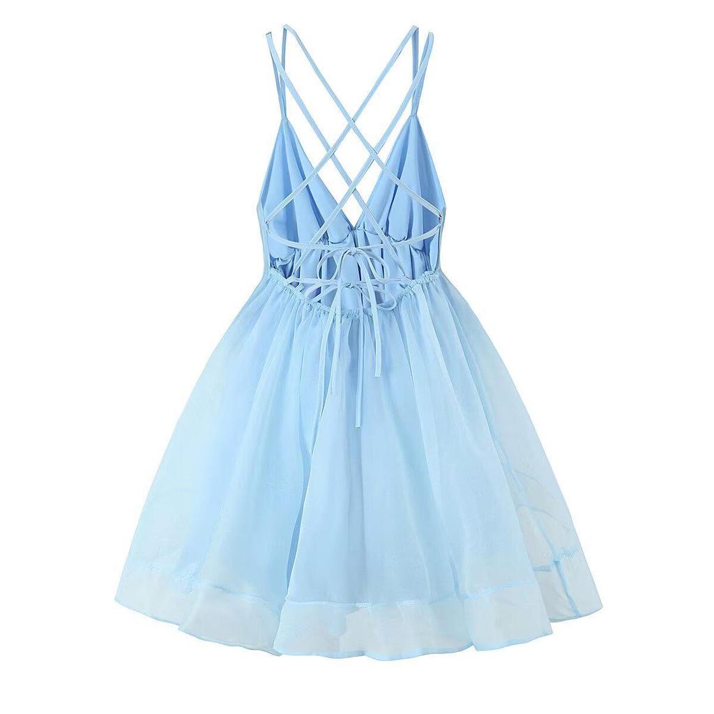 European-American French Deep V-Neck Strappy Open Back Beach Vacation Puffy Dress