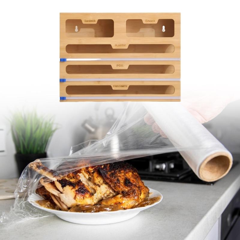 High Quality Wooden Wrap And Bag Holder With Smooth Cutting Feature For Organized Kitchen Storage