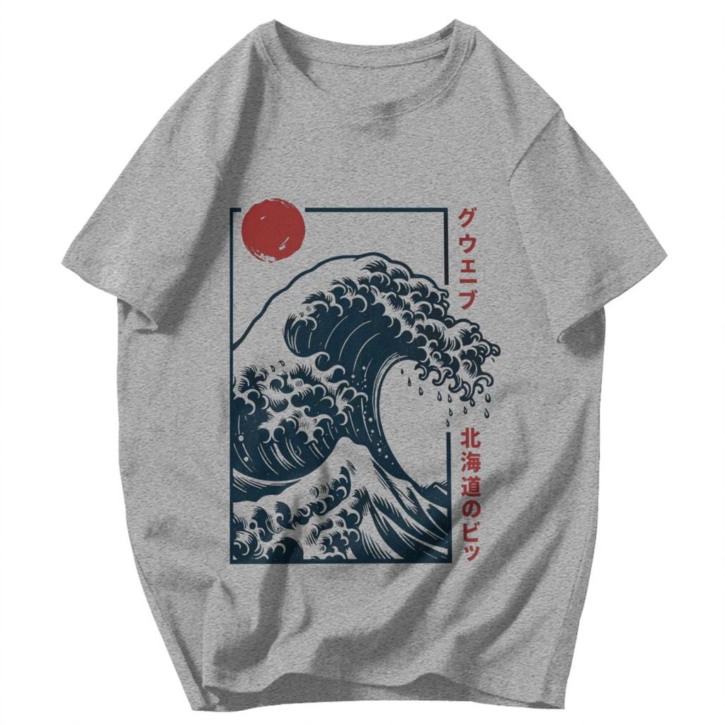Men T Shirt Japanese Style Hokkaido Wave Retro Idea Y2K Graphic Crewneck Unisex Tops T Shirts